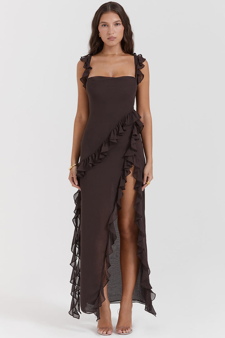 Espresso ruffle maxi dress