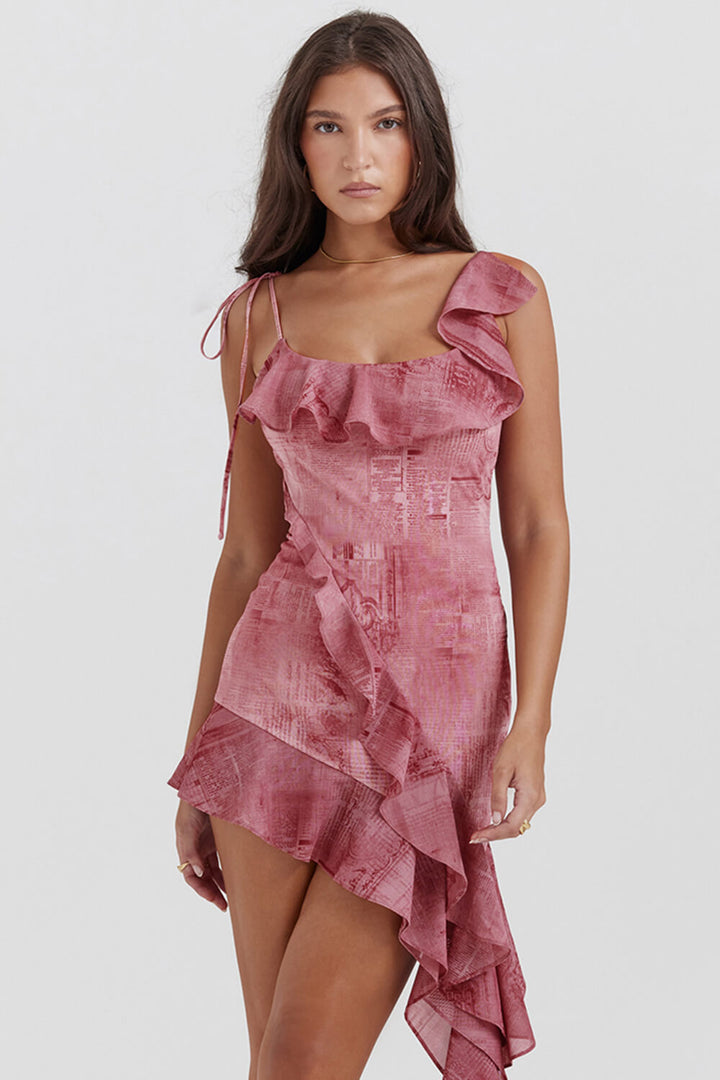 Pink print ruffle mini dress