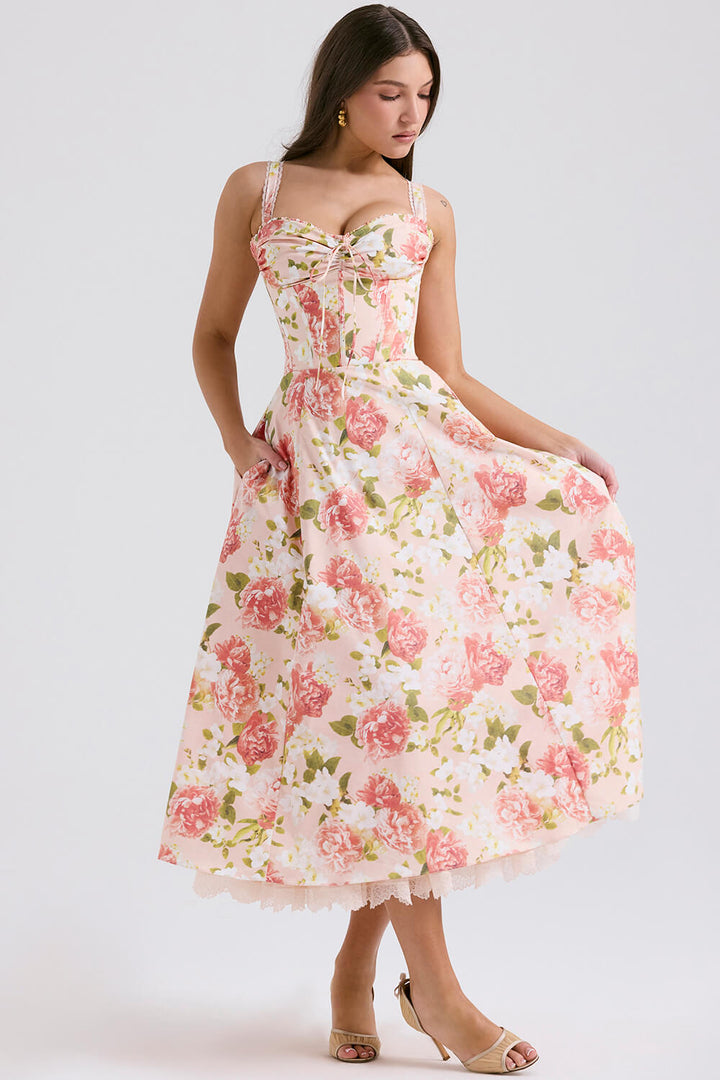 Pink peony print cotton bustier sundress